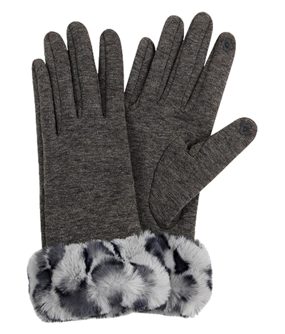 Gray Tech Gloves with Leopard Faux Fur Cuff Adult One Size NEW